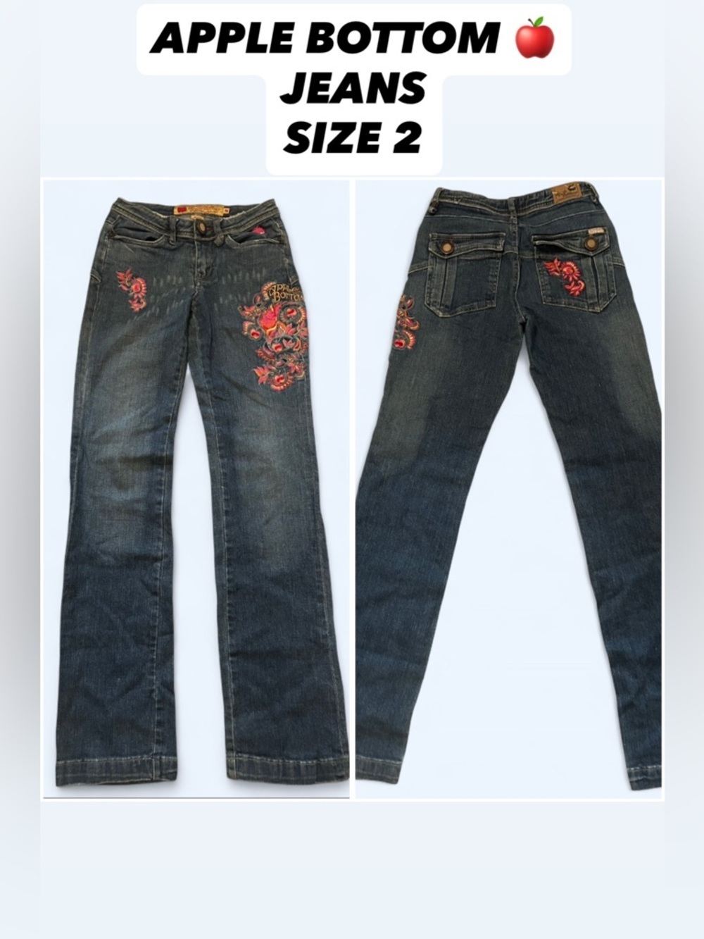 Apple Bottoms 🍎 Embroidered Bootcut Jeans Size 2 – Rare Floral Apple Design
